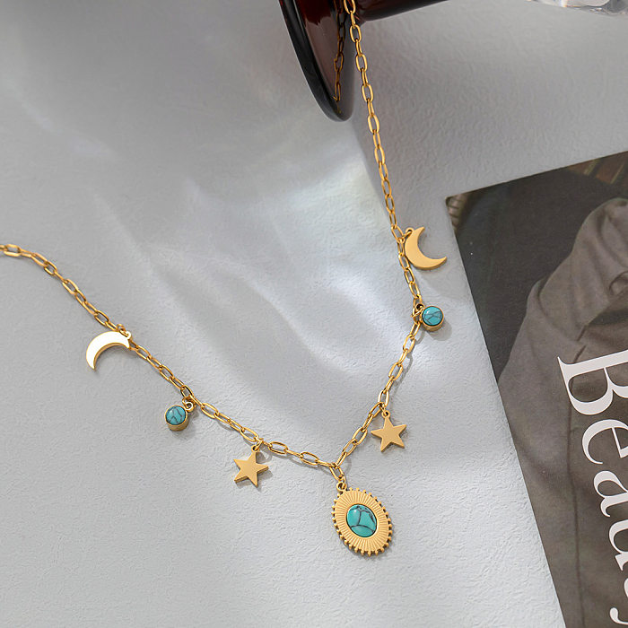 Collier à pendentif turquoise avec incrustation en acier inoxydable Commute Moon