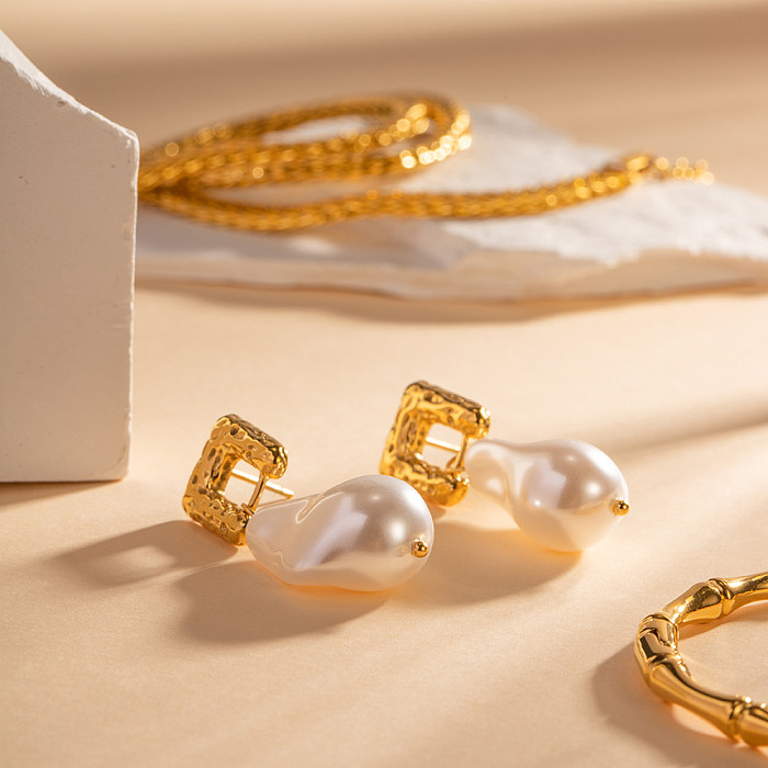 Pendientes colgantes de perlas artificiales, chapados en acero inoxidable, geométricos, retro, 1 par