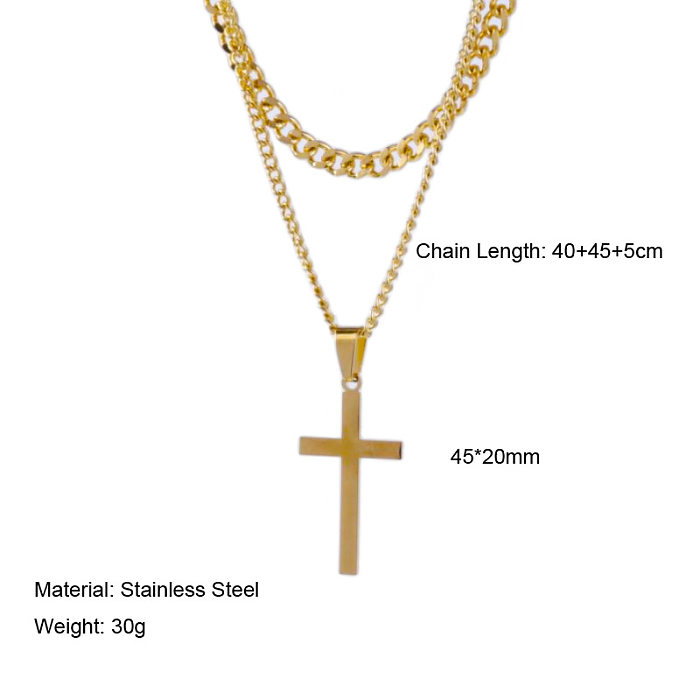 Colliers superposés plaqués or en acier inoxydable avec croix rétro