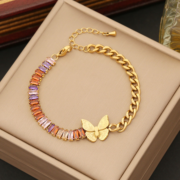 Casual Simple Style Four Leaf Clover Devil'S Eye Butterfly Stainless Steel Plating Inlay Zircon Bracelets