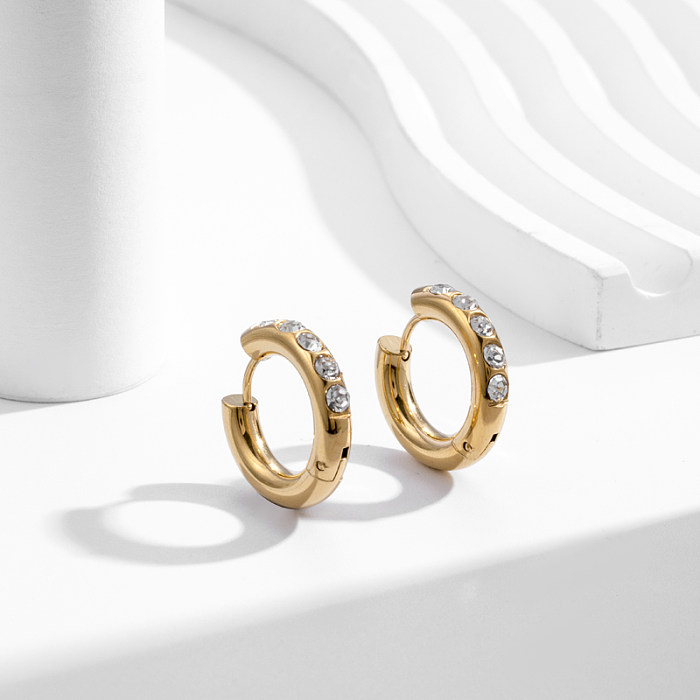 Modern Style Simple Style V Shape Round Stainless Steel  Plating Inlay Zircon 18K Gold Plated Hoop Earrings