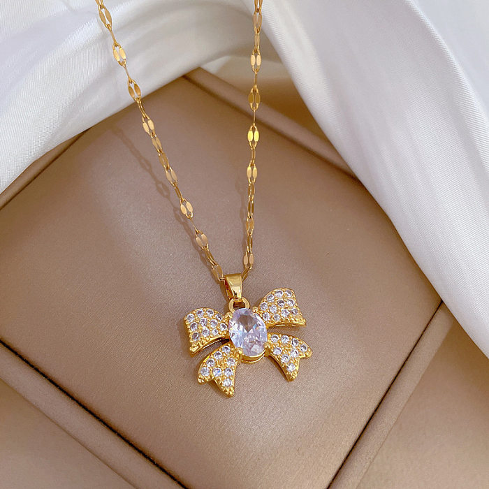 Sweet Bow Knot Stainless Steel Copper Inlay Zircon Pendant Necklace