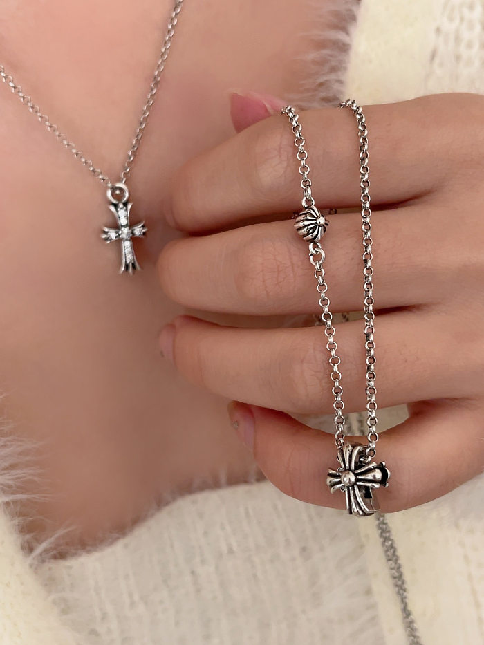 Casual Hip-Hop Classic Style Cross Stainless Steel  Alloy Plating Inlay Rhinestones Silver Plated Necklace