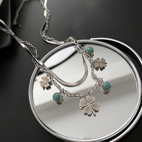 Fashion Four Leaf Clover Stainless Steel Plating Turquoise Necklaces
