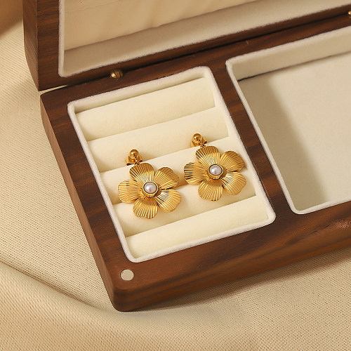 1 Pair Vintage Style Flower Plating Inlay Stainless Steel  Artificial Pearls 18K Gold Plated Drop Earrings