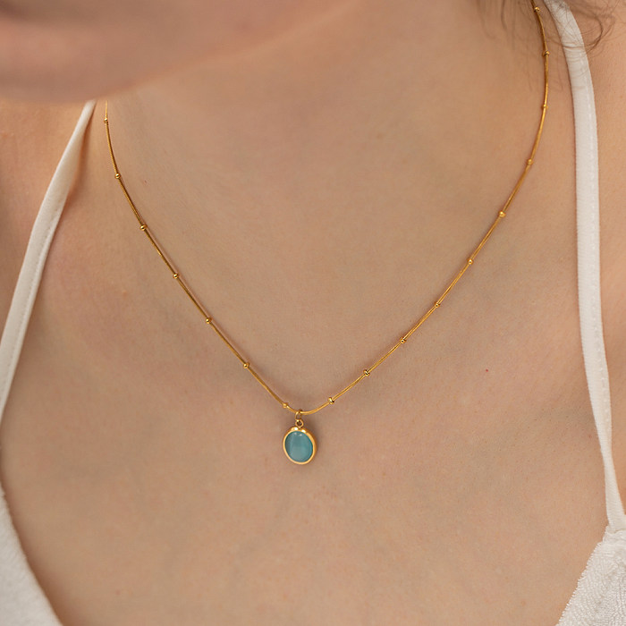 Elegant Round Stainless Steel  Inlay Opal 18K Gold Plated Pendant Necklace