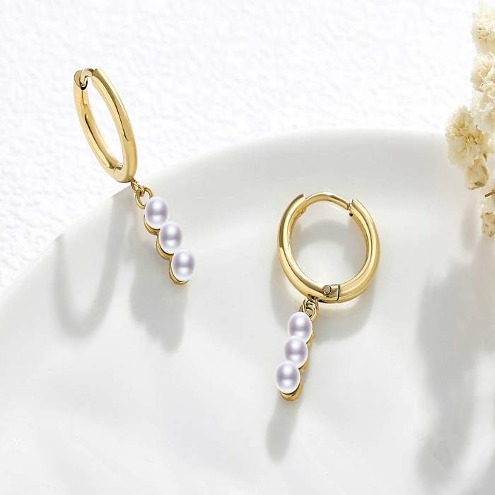 1 Paar schlichte, runde Ohrhänger mit Inlay aus Edelstahl mit Perle und 18-Karat-Vergoldung