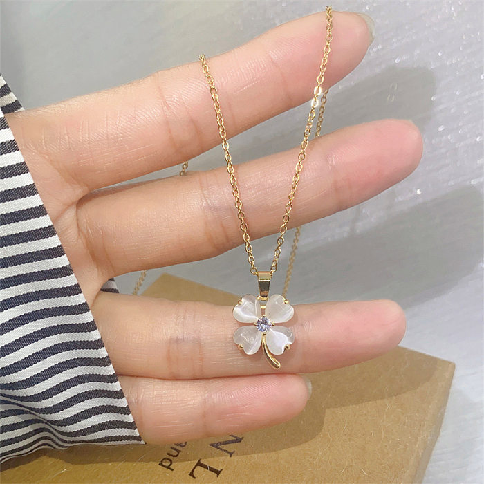 Fashion Four Leaf Clover Stainless Steel Inlay Rhinestones Opal Pendant Necklace