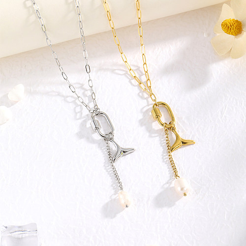 Casual Hip-Hop Fish Tail Stainless Steel  Pearl Plating Hollow Out 14K Gold Plated Pendant Necklace