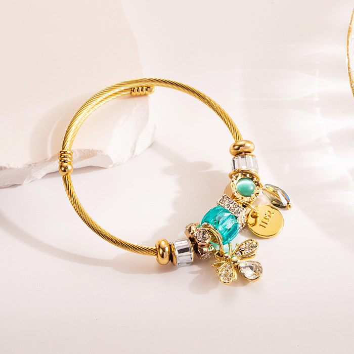 Elegante estilo moderno formato de coração liga de abelha titânio chapeamento de aço strass pulseira banhada a ouro