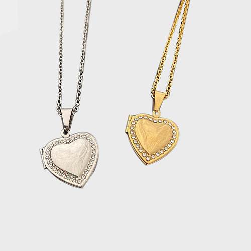 Modische Halskette mit Anhänger in Herzform, Edelstahl-Beschichtung, Inlay, künstlicher Diamant, 1 Stück