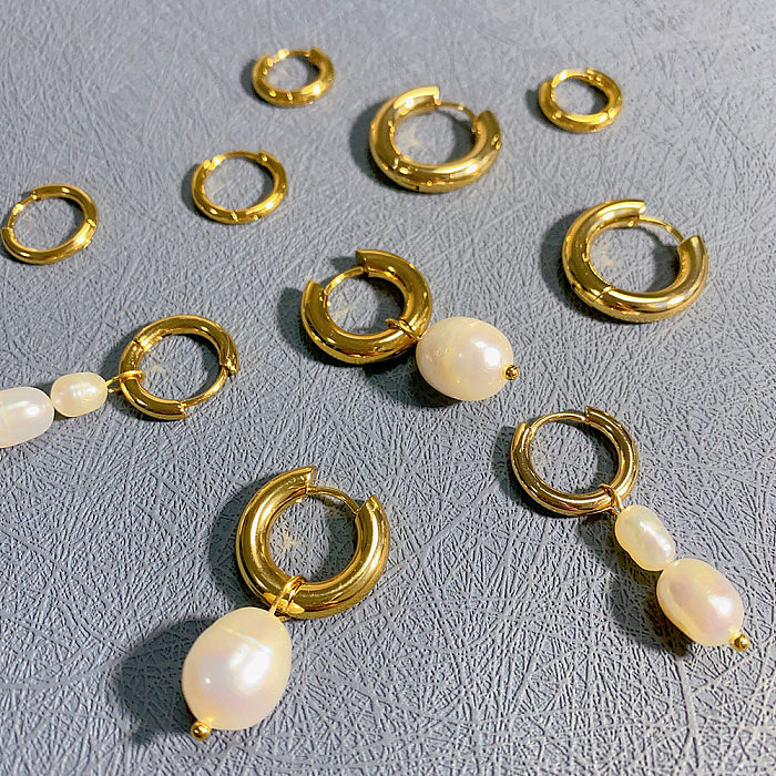 1 paire de boucles d'oreilles rondes en perles d'eau douce, Style Simple et élégant, plaquées en acier inoxydable, plaquées or 18 carats