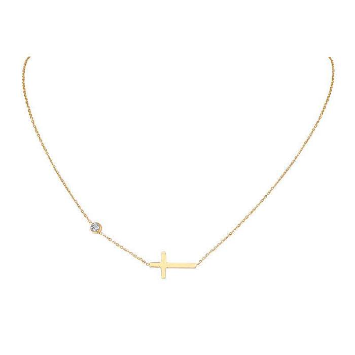 Simple Style Cross Stainless Steel Gold Plated Zircon Necklace
