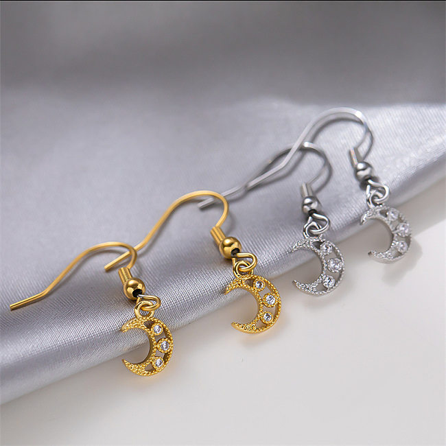 1 paire de boucles d'oreilles pendantes en acier inoxydable et Zircon, Style Simple, incrustation de lune