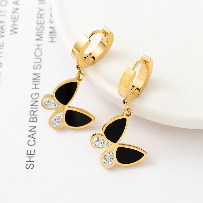 Fashion Butterfly Stainless Steel Polishing Plating Inlay Shell Zircon Drop Earrings 1 Pair