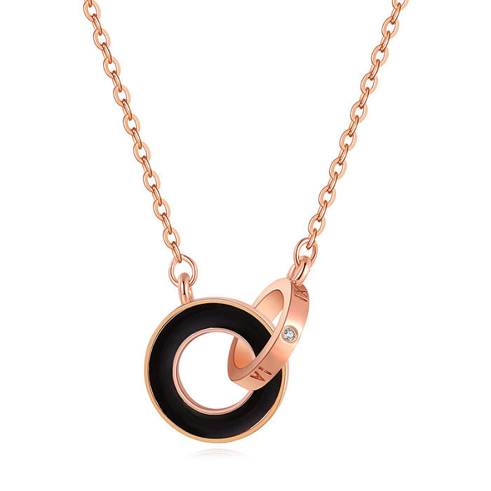 Estilo moderno estilo simples anel duplo chapeamento de aço inoxidável incrustação diamante rosa banhado a ouro colar