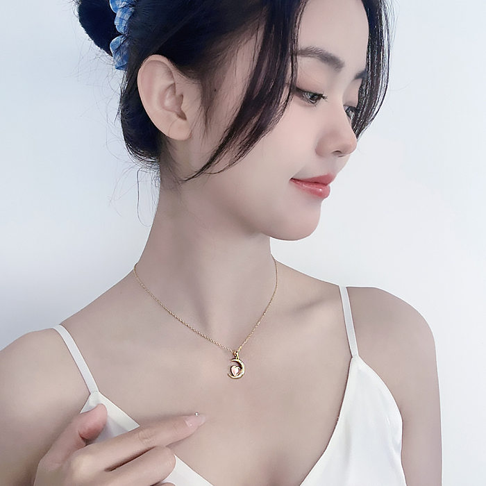 IG Style Mond-Herz-Form-Anhänger-Halskette mit Edelstahl-Beschichtung, Inlay, Zirkon, vergoldet