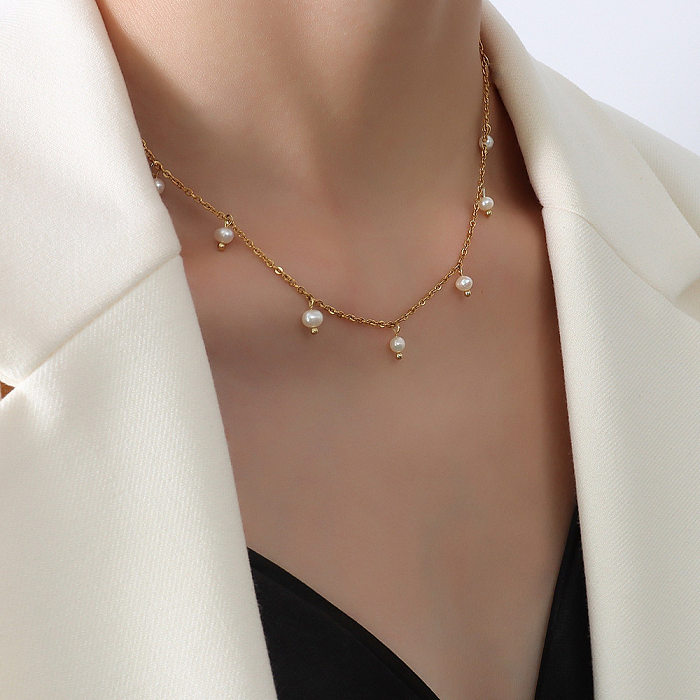 Modische Perlen-Quasten-Halskette aus 18-karätigem Gold und Edelstahl