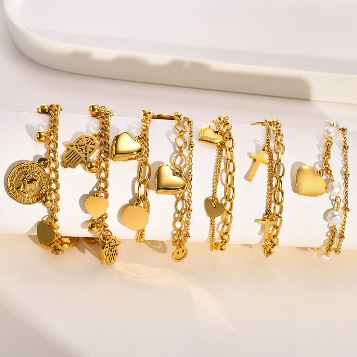 Vacation Roman Style Heart Shape Stainless Steel Gold Plated Bracelets In Bulk