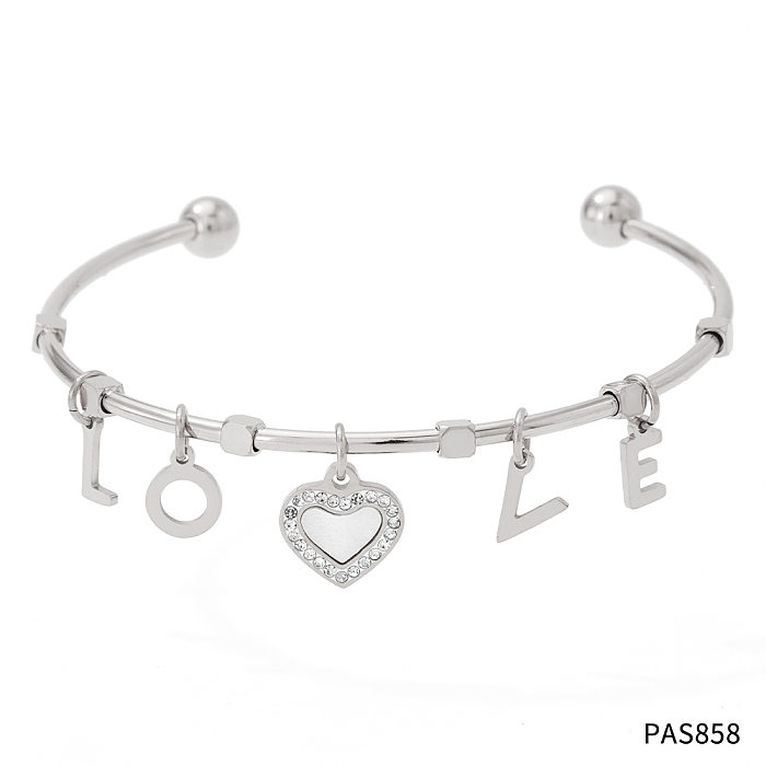 Pastoral Letter Heart Shape Stainless Steel Plating Inlay Rhinestones Bangle