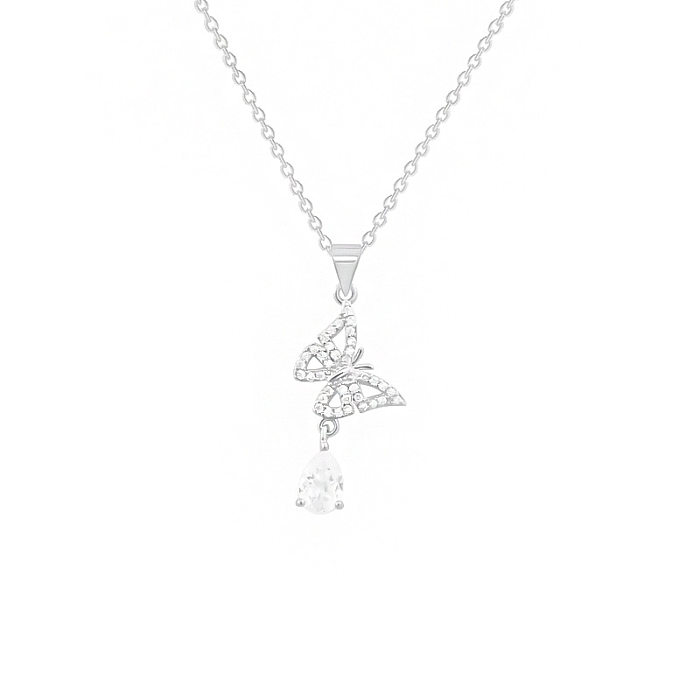 Elegant Glam Water Droplets Butterfly Stainless Steel Inlay Zircon Pendant Necklace