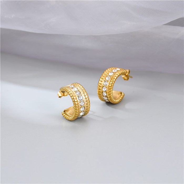 Pendientes geométricos de acero inoxidable con hilo trenzado de diamantes de moda europea y americana Pendientes versátiles en forma de C con giro retro para mujer