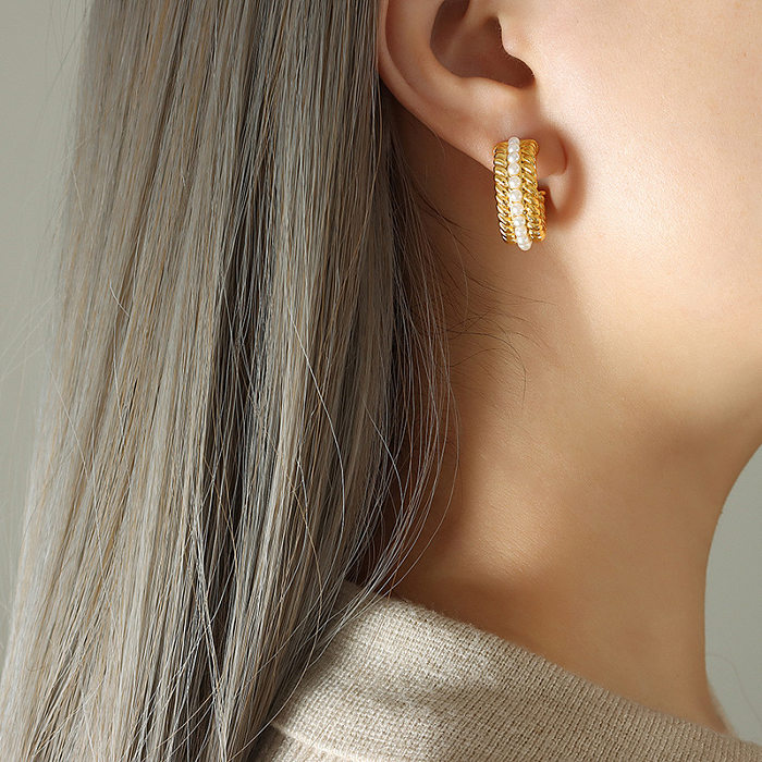 Elegante C-förmige Edelstahl-Ohrringe mit künstlichen Perlen, 1 Paar