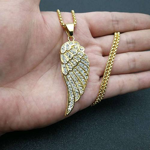 Hip-Hop Wings Stainless Steel Inlay Rhinestones Necklace 1 Piece