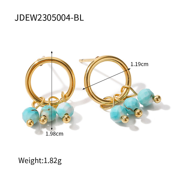 1 paire de boucles d'oreilles pendantes plaquées or 18 carats, Style IG, incrustation géométrique en acier inoxydable, pierre naturelle