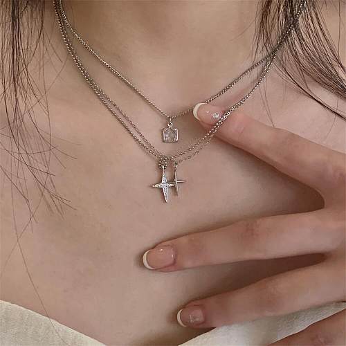 Elegant Simple Style Cross Stainless Steel Inlay Zircon Three Layer Necklace