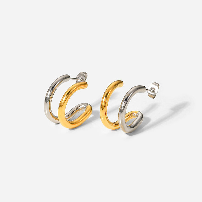 Einfache, kontrastfarbene, geometrische Doppelschicht-Linien-C-förmige Ohrringe aus Edelstahl