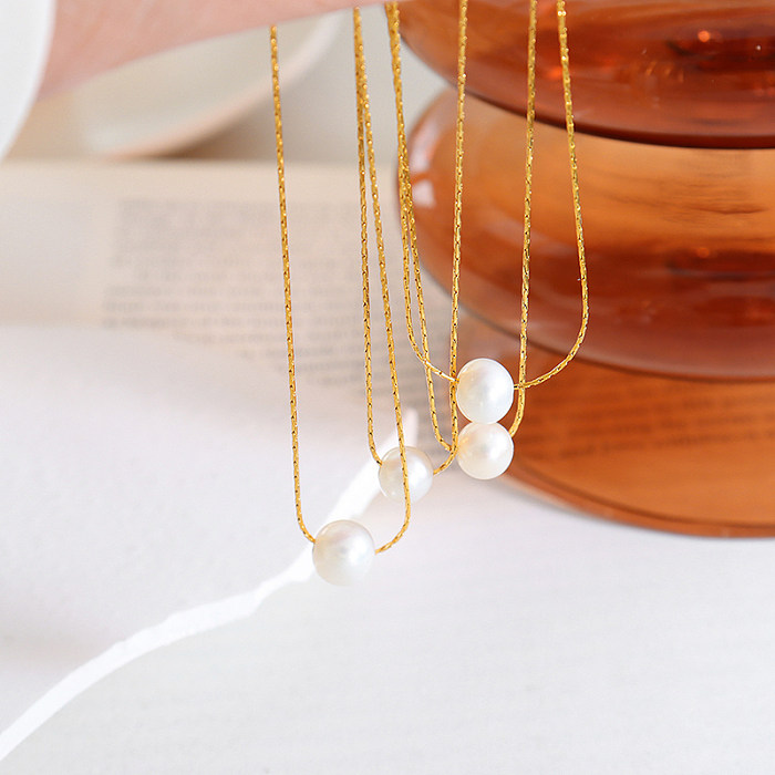 Simple Style Classic Style Round Freshwater Pearl Stainless Steel 18K Gold Plated Pendant Necklace