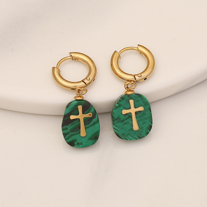 1 Paar Retro-Kreuz-Ohrringe aus Edelstahl mit Naturstein und eingelegtem Gold