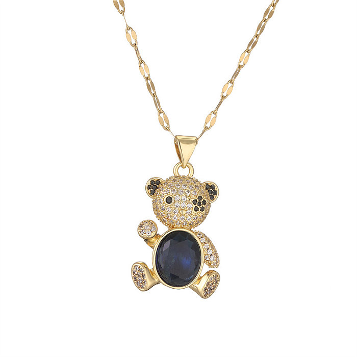 IG Style Simple Style Animal Little Bear Stainless Steel  Copper Gold Plated Zircon Pendant Necklace In Bulk
