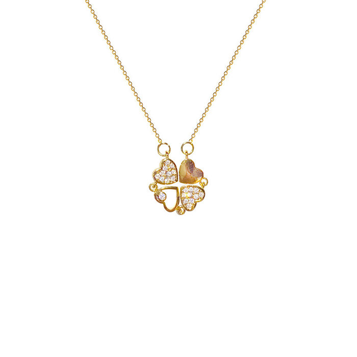 Modische vierblättrige Kleeblatt-Halskette in Herzform aus Edelstahl mit künstlichen Edelsteinen und Strasssteinen, 1 Stück