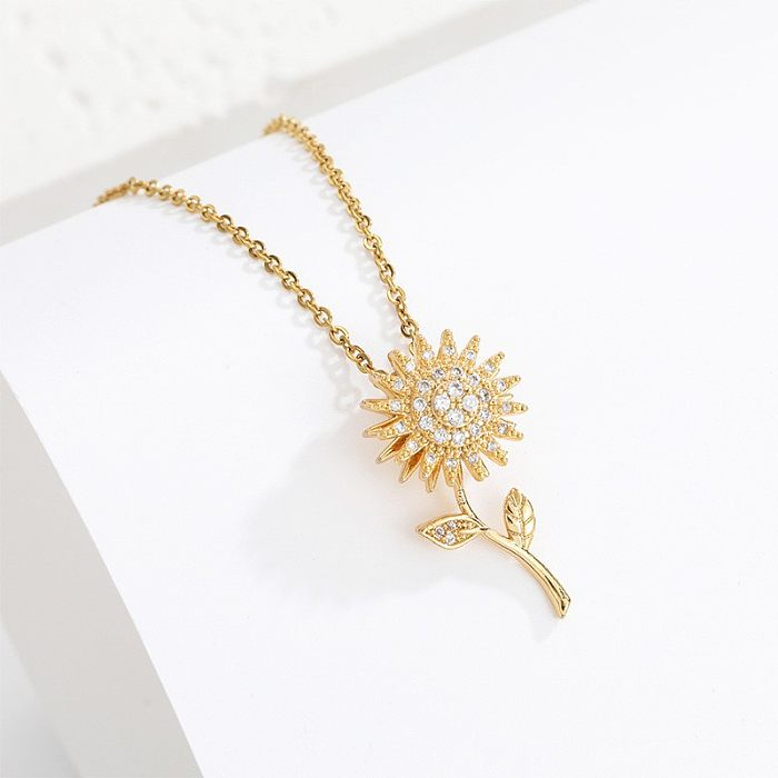 Basic Classic Style Sunflower Stainless Steel Inlay Zircon Pendant Necklace