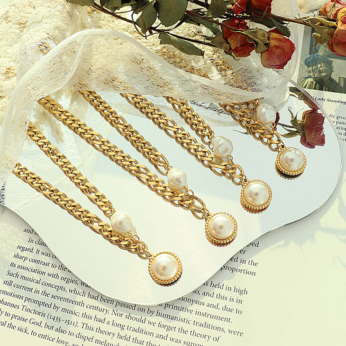 Collar De Acero Inoxidable De Oro De 18k Con Perlas Y Incrustaciones De Cadena Geométrica De Moda