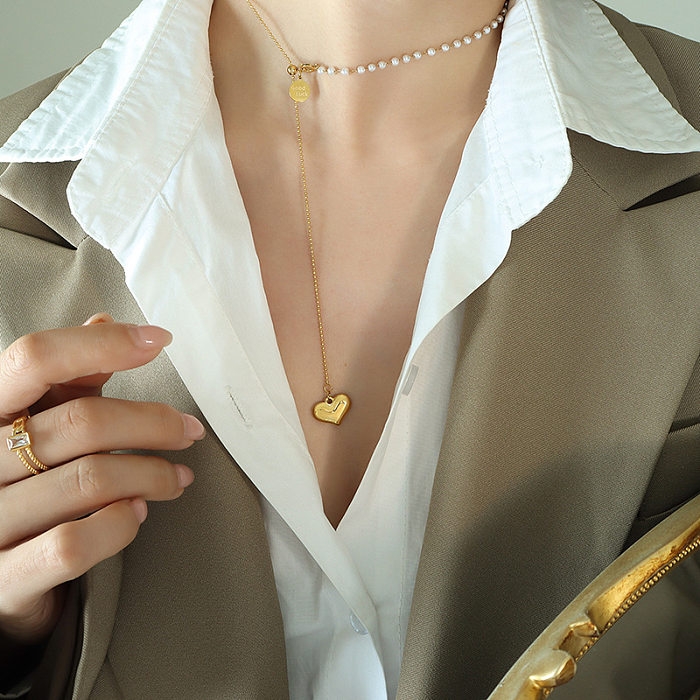 Collier avec pendentif en forme de cœur en acier inoxydable, style simple, plaqué perles, 1 pièce