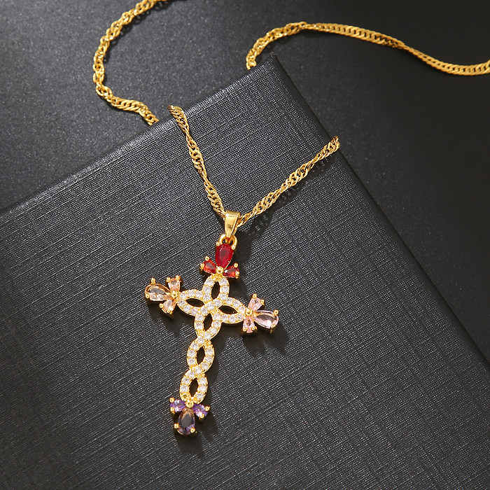 Simple Style Cross Stainless Steel  Plating Inlay Zircon 18K Gold Plated Pendant Necklace