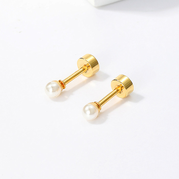 1 par de pendientes redondos chapados en acero inoxidable de estilo Simple con incrustaciones de perlas artificiales chapados en oro de 18 quilates