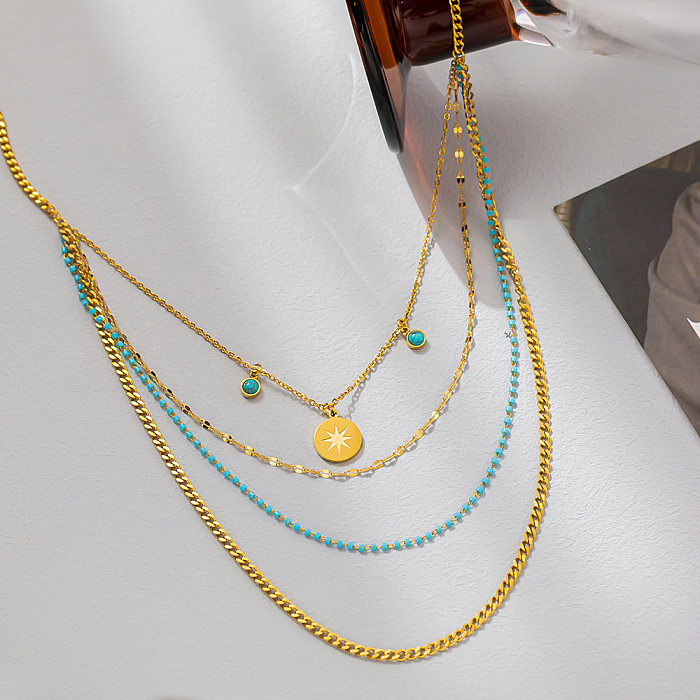 Streetwear Star Stainless Steel Beaded Plating Inlay Turquoise Layered Necklaces