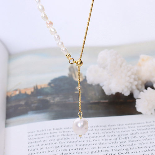 Retro Stainless Steel Plated 18k Gold Freshwater Pearl Necklace Pull Buckle Necklace