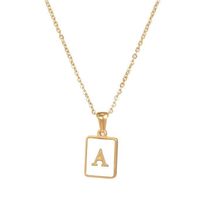 Vintage Style Letter Square Stainless Steel  Plating Inlay Shell 18K Gold Plated Pendant Necklace