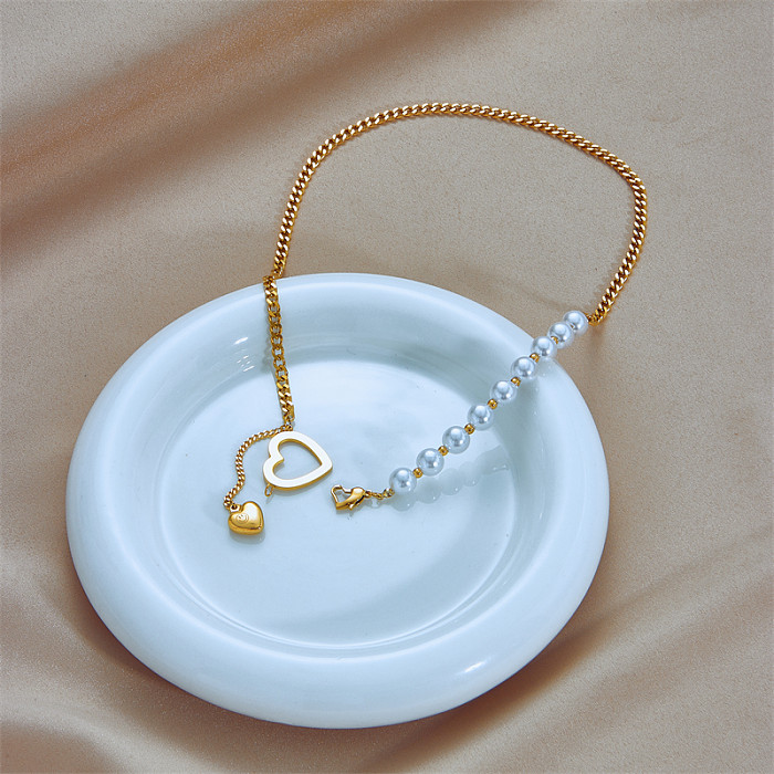 Modische herzförmige Edelstahl-Perlenanhänger-Halskette, 1 Stück