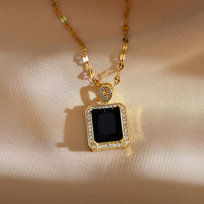 Casual Simple Style Square Stainless Steel Copper Plating Inlay Zircon Pendant Necklace