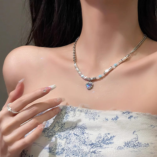 Sweet Heart Shape Beaded Stainless Steel Inlay Moonstone Pendant Necklace