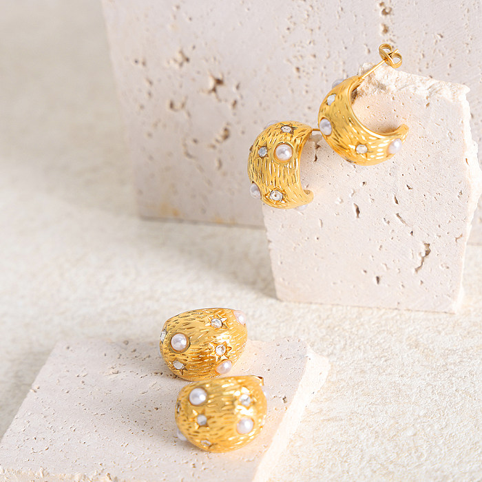 1 Paar elegante, luxuriöse, einfarbige Inlay-Imitationsperlen, künstliche Perlen aus Edelstahl, Strasssteine, 18 Karat vergoldete Ohrstecker