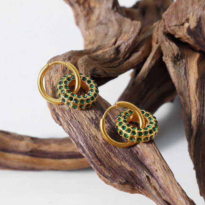 1 Pair Elegant Luxurious Double Ring Plating Inlay Stainless Steel Rhinestones 18K Gold Plated Drop Earrings