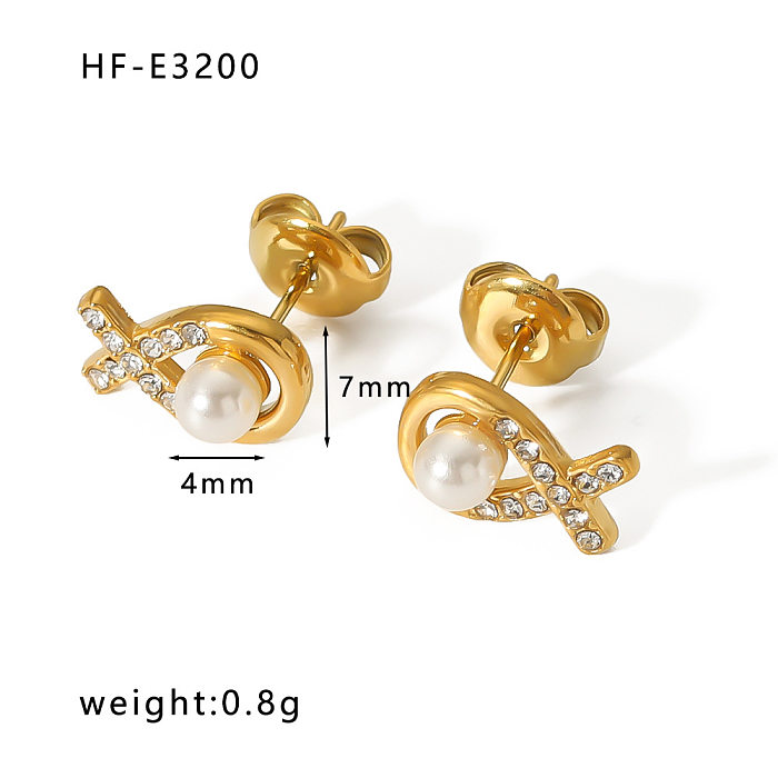 1 Pair Casual Modern Style Round Plating Inlay Stainless Steel  Pearl Zircon 18K Gold Plated Ear Studs