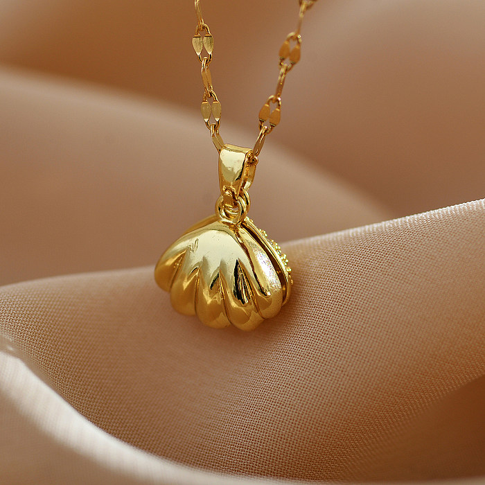 Collier avec pendentif en forme de coquille de plage, Style Simple, en acier inoxydable, placage de cuivre, incrustation de perles en Zircon